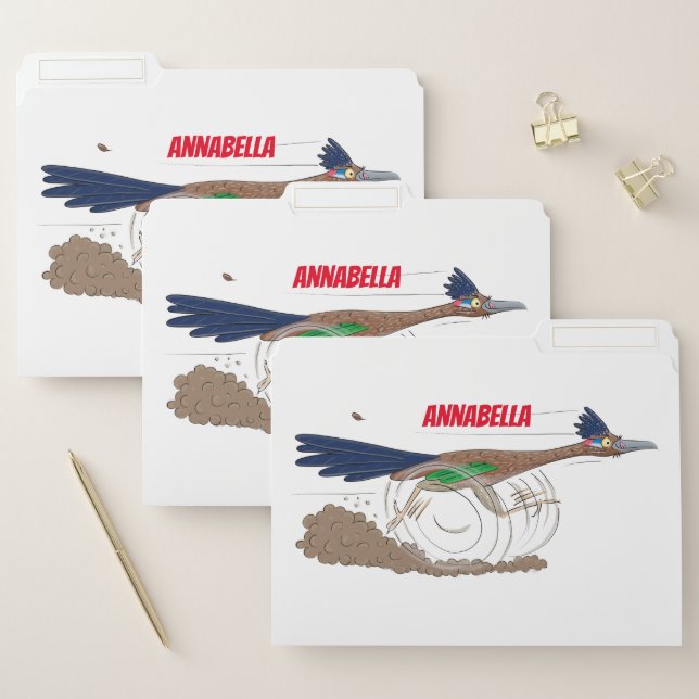 Funny roadrunner bird cartoon illustration file folder (Set)