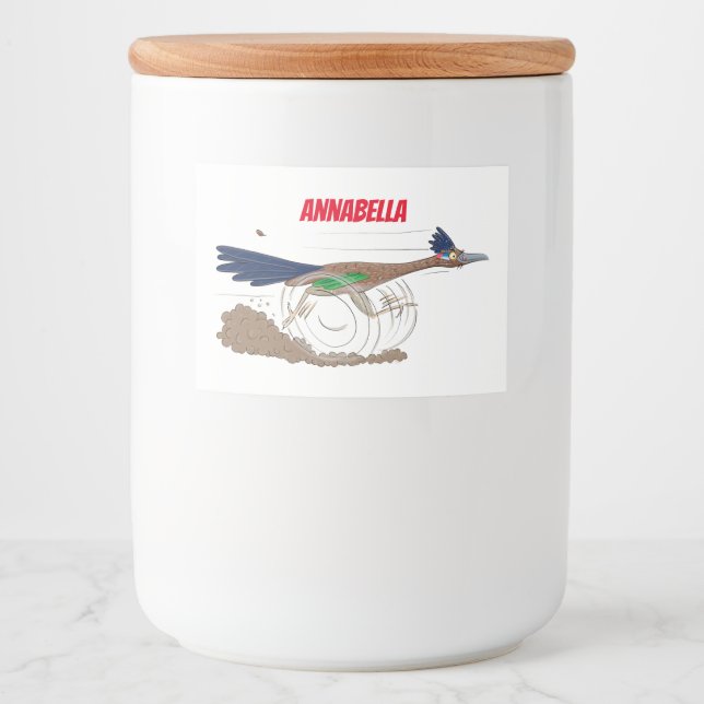 Funny roadrunner bird cartoon illustration food label (Front)