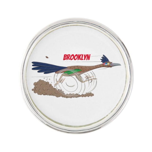 Funny roadrunner bird cartoon illustration lapel pin (Front)