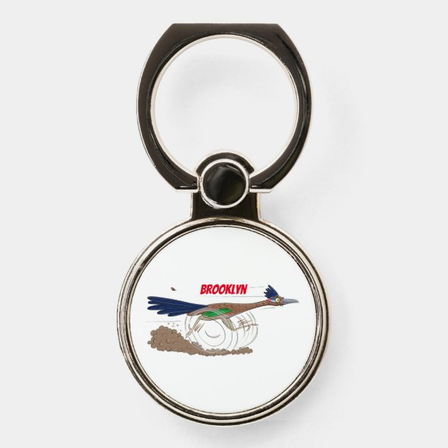 Funny roadrunner bird cartoon illustration phone ring stand (Front)