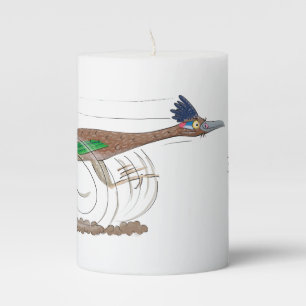 Funny roadrunner bird cartoon illustration pillar candle