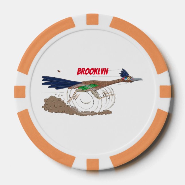Funny roadrunner bird cartoon illustration poker chips (Front)