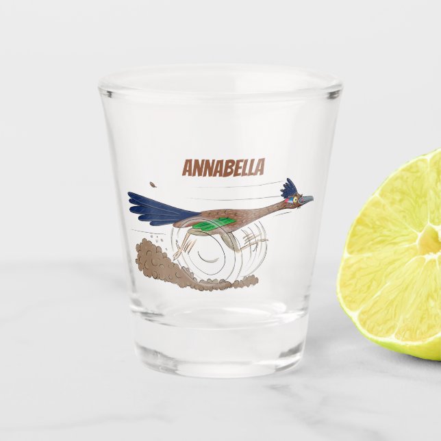 Funny roadrunner bird cartoon illustration shot glass (Front)
