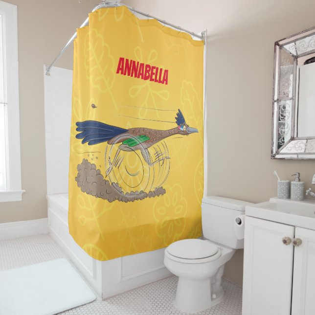 Funny roadrunner bird cartoon illustration shower curtain (In Situ)