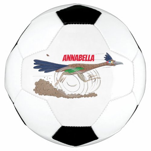 Funny roadrunner bird cartoon illustration soccer ball