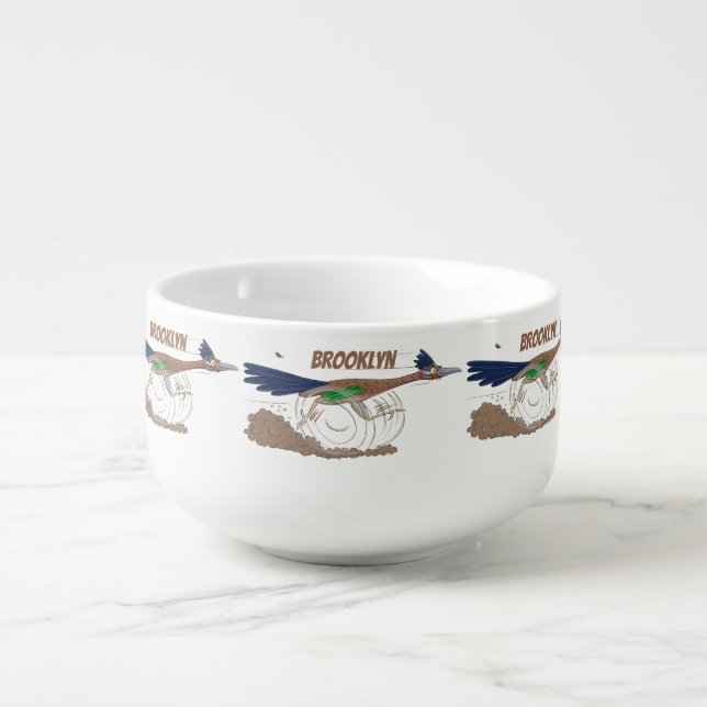 Funny roadrunner bird cartoon illustration soup mug (Front)
