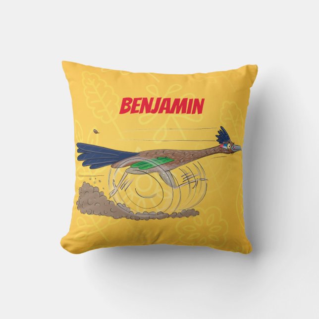 Funny roadrunner bird cartoon illustration throw pillow (Front)