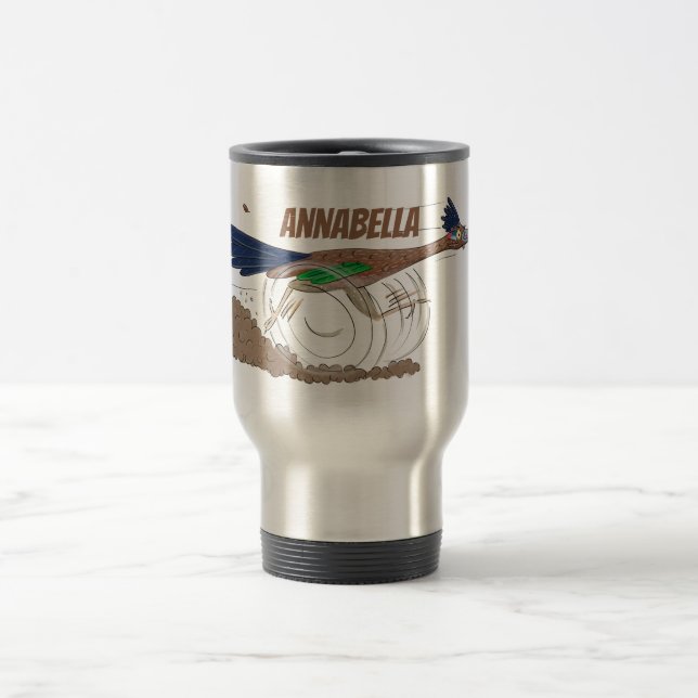 Funny roadrunner bird cartoon illustration travel mug (Center)