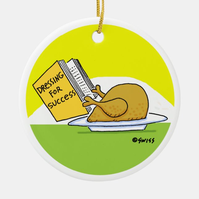 Funny Roast Turkey Cartoon with Greeting on Back Ceramic Ornament (Front)