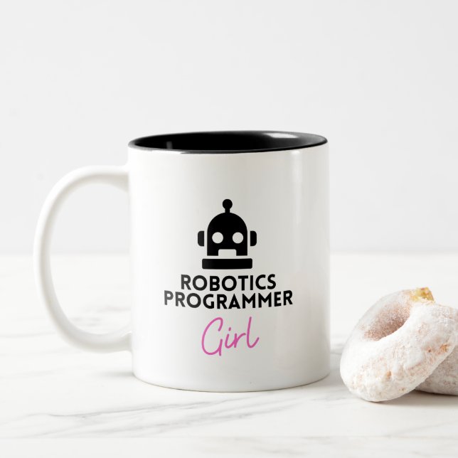 funny Robotics Programmer Girl Two-Tone Coffee Mug (With Donut)