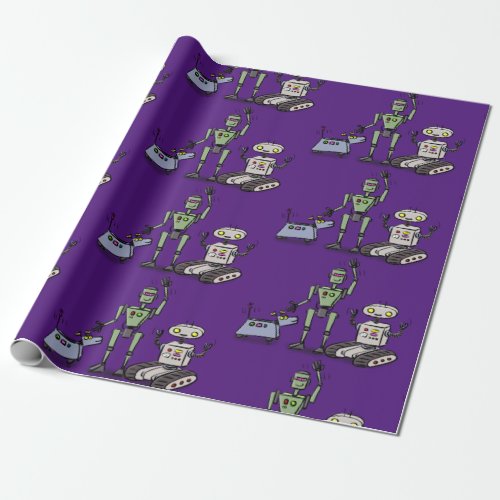 Funny robots cartoon illustration wrapping paper