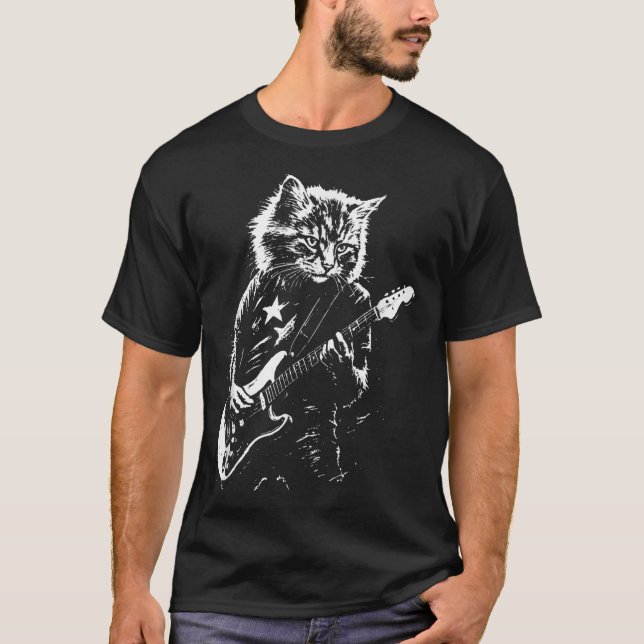 Funny Rock Cat Playing Guitar For Men Women Music  T-Shirt (Front)