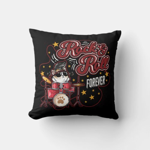 Funny Rock n Roll Forever Cool Drummer Cat Throw Pillow