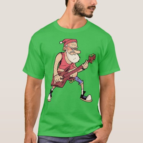 Funny Rock n Roll Santa Claus with Bass Guitar too T_Shirt