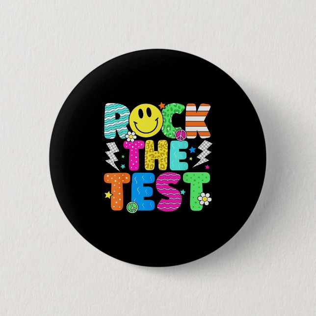 Funny Rock The Test Testing Day Teacher Student Mo Button (Front)