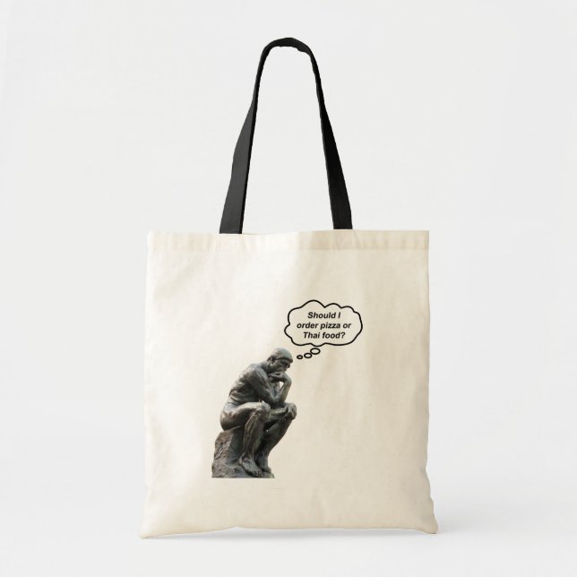 Funny Rodin Thinker Statue - Pizza or Thai Food? Tote Bag (Front)