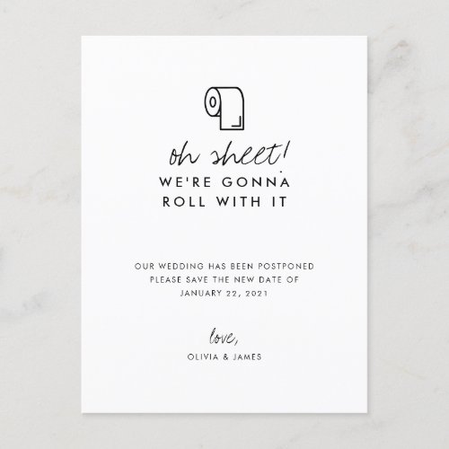 Funny Roll With It New Date Wedding Postponement Announcement Postcard