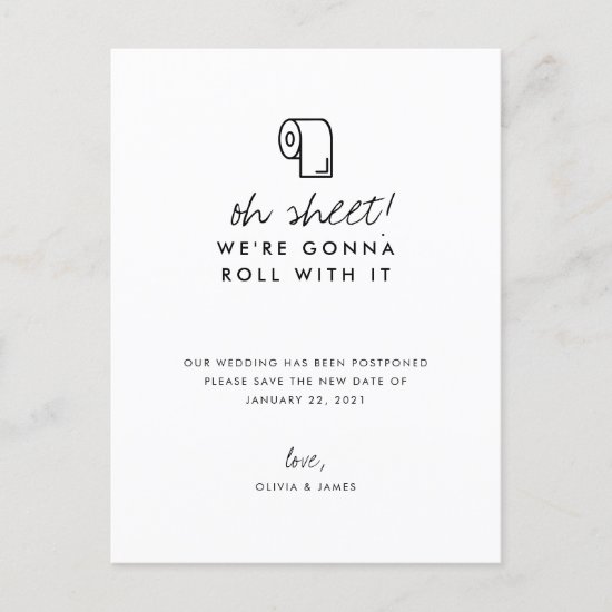 Funny Roll With It New Date Wedding Postponement Announcement Postcard