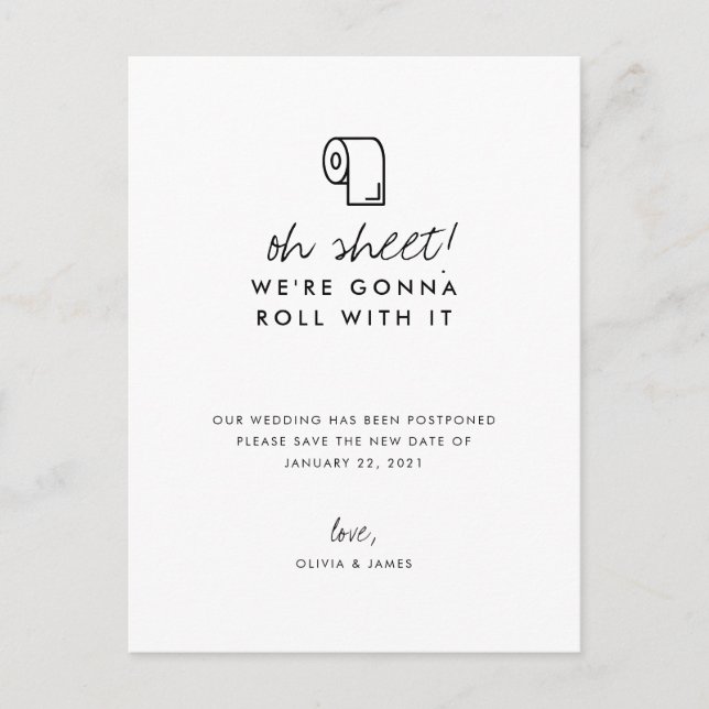 Funny Roll With It New Date Wedding Postponement Announcement Postcard (Front)