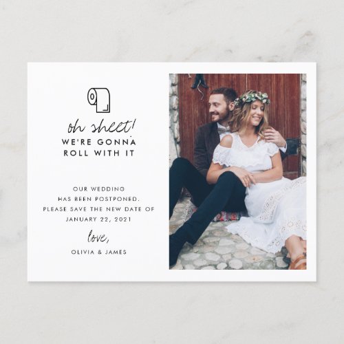 Funny Roll With It Photo Wedding Postponement Announcement Postcard