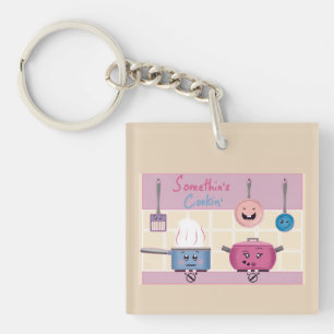 Funny Romantic Kitchen Scene with Cooking Utensils Keychain