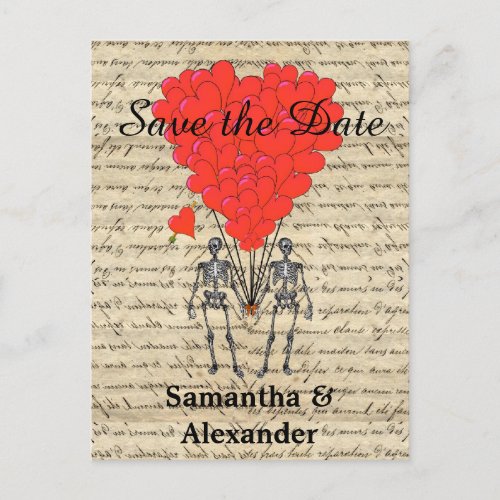 Funny romantic skeleton save the date announcement postcard