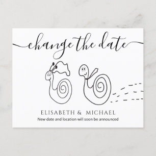 Funny romantic snails couple change the date announcement postcard