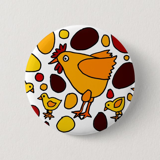 Funny Rooster and Chickens Art Abstract Pinback Button (Front)