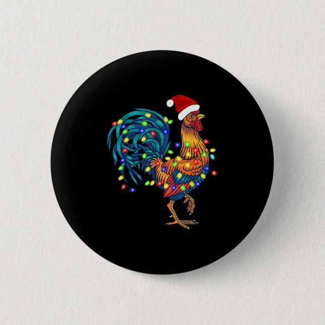 Funny Rooster Chicken Christmas Lights Pajama Farm Button (Front)