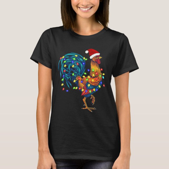 Funny Rooster Chicken Christmas Lights Pajama Farm T-Shirt (Front)