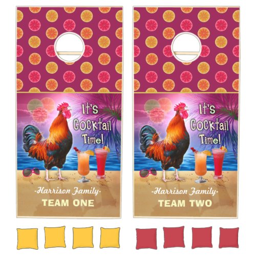 Funny Rooster Chicken Cocktail Tropical Beach Name Cornhole Set
