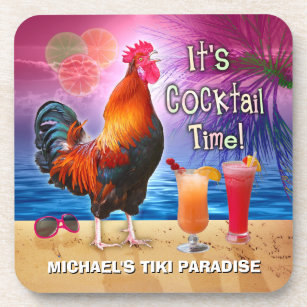 Funny Rooster Chicken Cocktail Tropical Beach Name Drink Coaster