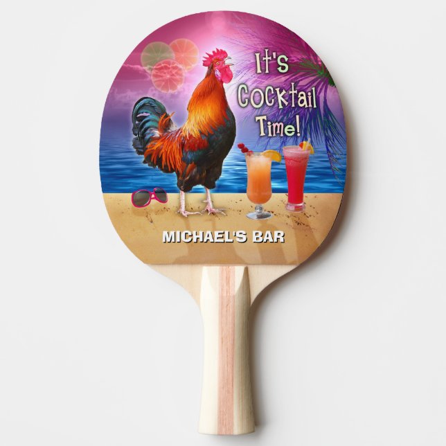 Funny Rooster Chicken Cocktail Tropical Beach Name Ping Pong Paddle (Front)