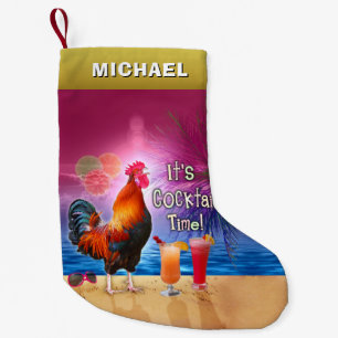 Funny Rooster Chicken Cocktail Tropical Beach Name Small Christmas Stocking