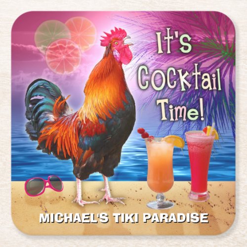 Funny Rooster Chicken Cocktail Tropical Beach Name Square Paper Coaster