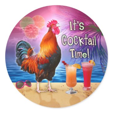 Funny Rooster Chicken Cocktails Tropical Beach Sea Classic Round Sticker Funny Rooster Chicken Cocktails Tropical Beach Sea Classic Round Sticker