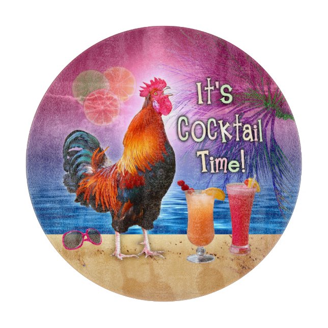 Funny Rooster Chicken Cocktails Tropical Beach Sea Cutting Board (Front)