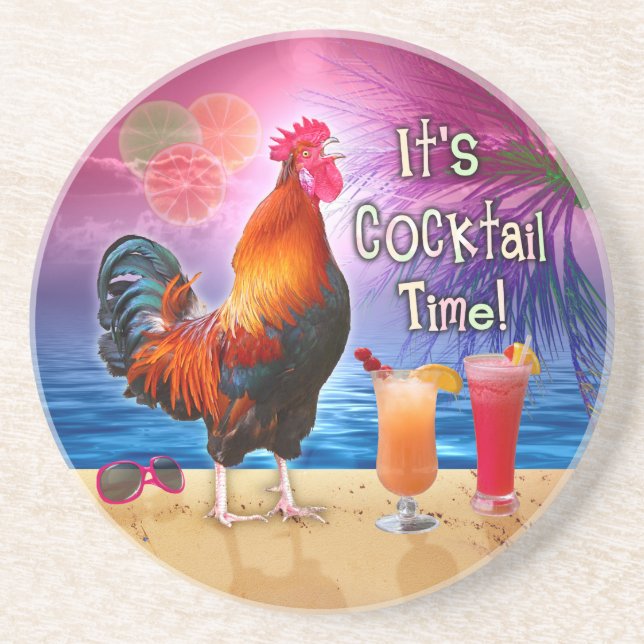 Funny Rooster Chicken Cocktails Tropical Beach Sea Drink Coaster (Front)