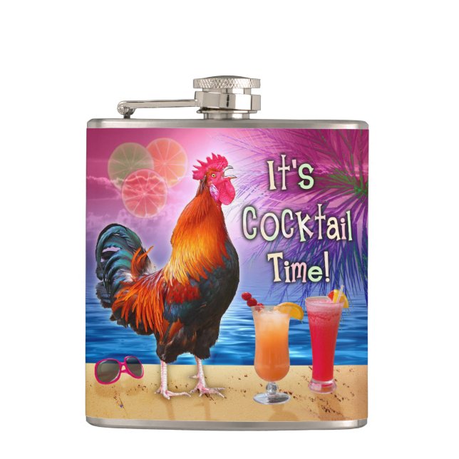 Funny Rooster Chicken Cocktails Tropical Beach Sea Flask (Front)