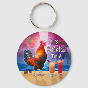 Funny Rooster Chicken Cocktails Tropical Beach Sea Keychain