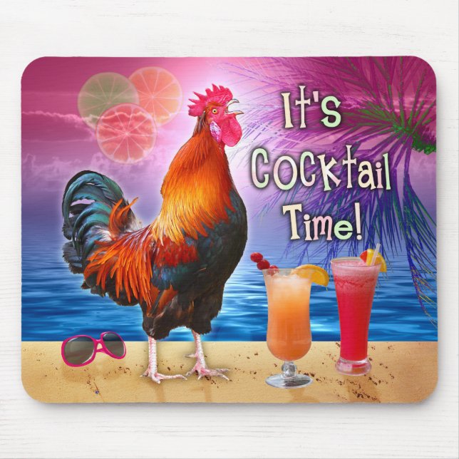 Funny Rooster Chicken Cocktails Tropical Beach Sea Mouse Pad (Front)