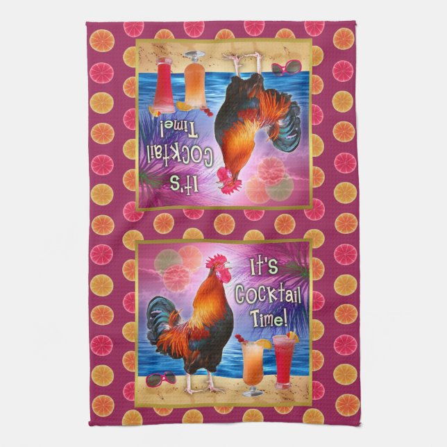 Funny Rooster Chicken Cocktails Tropical Beach Sea Towel (Vertical)