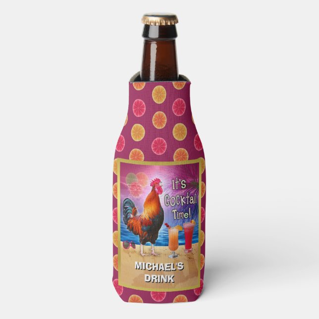 Funny Rooster Chicken Drinking Tropical Beach Name Bottle Cooler (Bottle Front)