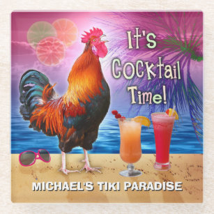 Funny Rooster Chicken Drinking Tropical Beach Name Glass Coaster