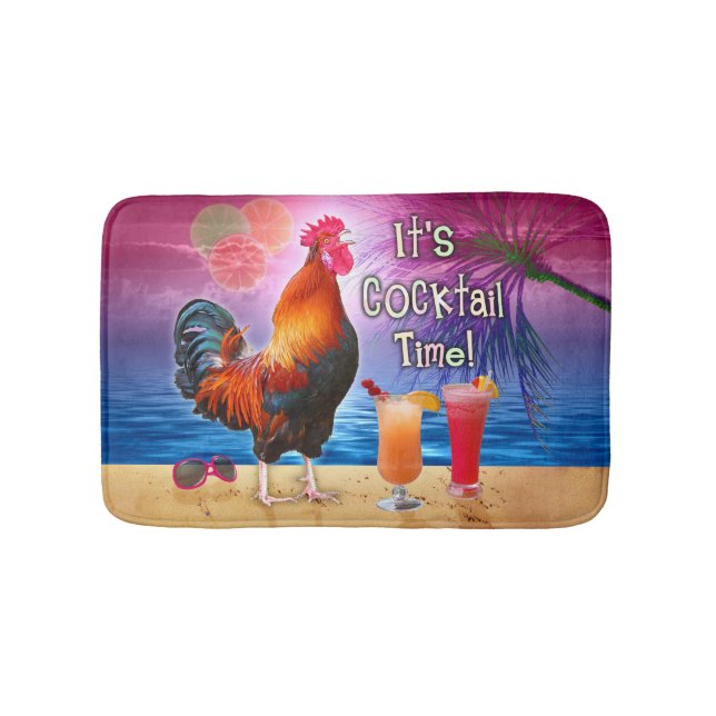 Funny Rooster Chicken Drinking Tropical Beach Sea Bathroom Mat (Front)