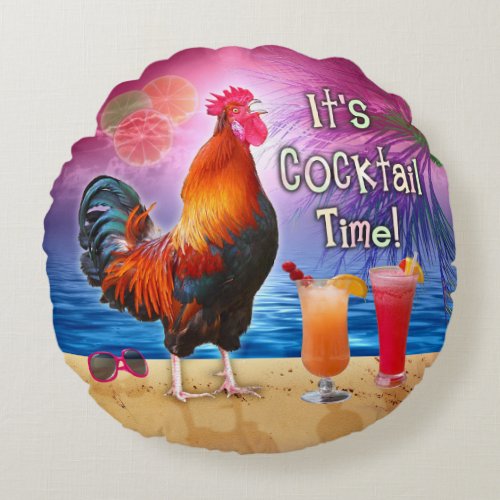 Funny Rooster Chicken Drinking Tropical Beach Sea Round Pillow