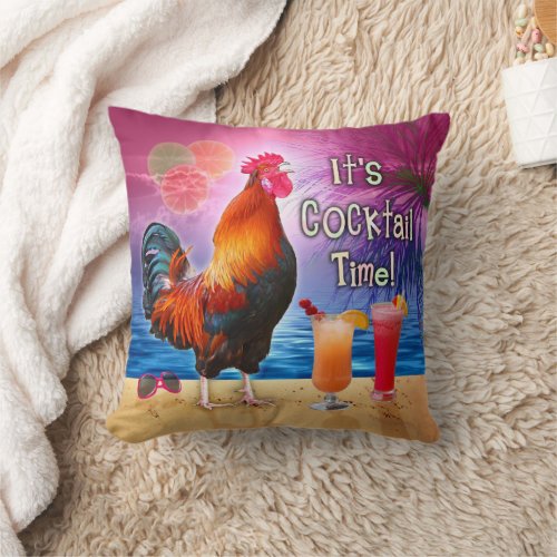 Funny Rooster Chicken Drinking Tropical Beach Sea Throw Pillow