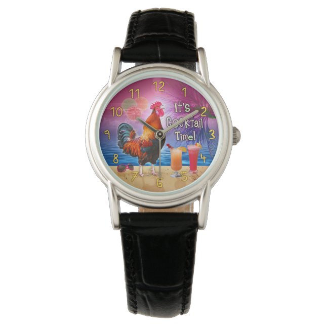 Funny Rooster Chicken Drinking Tropical Beach Sea Watch (Front)