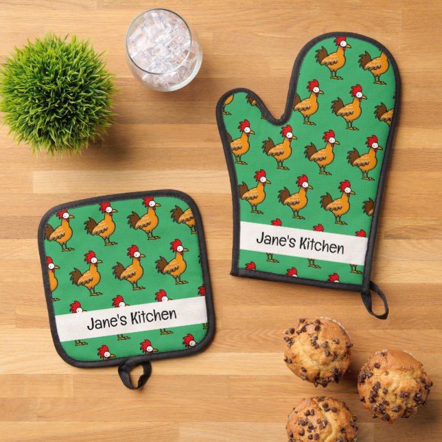 funny rooster chicken (name) oven mitt & pot holder set (Top Down)