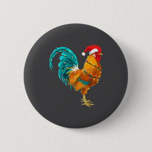 Funny Rooster Chicken Santa Christmas Lights Farme Button